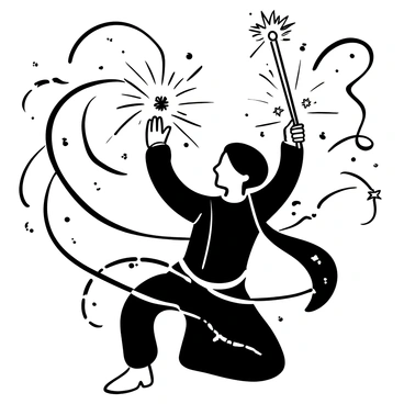 "Bellatrix Lestrange" is depicted in a dynamic pose, holding a wand with one hand while her other hand is raised, casting a spell. She is surrounded by swirling magical sparks, which radiate outward from the tip of her wand. The background features swirling shadows that suggest an atmosphere of tension and conflict, with additional bursts of magical energy illuminating the scene. Various wand movement trails can be seen, indicating intense action in the duel.