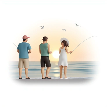 A group of three anglers, two men and one woman, standing at the edge of Santa Monica Pier. The first man, wearing a blue t-shirt, khaki shorts, and a red cap, is casting his fishing line into the ocean. The second man, dressed in a green tank top and black swim trunks, is reeling in a line with a focused expression. The woman, wearing a white sundress and a wide-brimmed hat, is patiently waiting with her fishing rod in hand, gazing out at the water. The sun is setting in the background, casting a warm golden hue over the scene, while seagulls can be seen flying above.