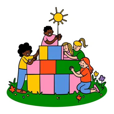 A group of cheerful children with diverse backgrounds are gathered in a sunny park, working together to build a giant cube using large, colorful blocks. There are five children: a girl with curly black hair wearing a yellow t-shirt, a boy with straight brown hair in a blue shirt, a girl with straight blonde hair in a pink dress, a boy with short red hair in a green t-shirt, and a girl with ponytail wearing an orange shirt. The scene is filled with bright green grass and colorful flowers surrounding them. The sun is shining brightly, casting soft shadows on the ground as the children smile and laugh while placing the blocks carefully, demonstrating teamwork and creativity.