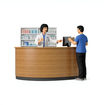 A pharmacy counter made of polished wood with a glass display showcasing various medication bottles and health products. Behind the counter stands a pharmacist with short dark hair, wearing a white lab coat and a name badge. The pharmacist is smiling and handing a small prescription bag to a customer who is standing on the opposite side of the counter. The customer has medium-length hair and is wearing a casual blue t-shirt. In the background, shelves filled with neatly arranged medication and health supplies are visible, creating a busy and organized pharmacy environment.