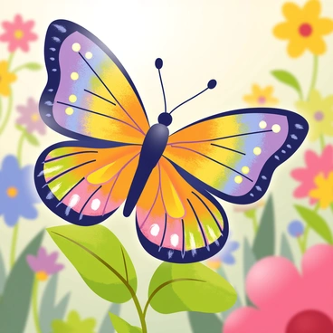 A butterfly with beautifully intricate wings, showcasing vibrant patterns in all the shades of the rainbow. The wings are detailed with iridescent spots and swirls, creating a stunning visual effect. The butterfly is perched on a delicate green leaf, with soft sunlight illuminating its colorful wings. A blurred background of various flowers in different colors accentuates the butterfly's beauty.