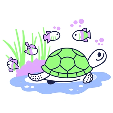 A group of guppies is swimming playfully in a circular motion around a slow-moving turtle. The guppies are small with vibrant tails, creating a dynamic scene as they dart in and out. The turtle has a textured shell and moves gently through the water, its eyes observing the lively fish. Bubbles rise from the turtle as it glides, adding more movement to the underwater environment. The background features plants swaying with the water currents, creating a lively aquatic atmosphere.
