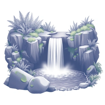 A waterfall cascading down a rocky cliff. The water plunges into a clear pool below, creating a mist that rises into the air. Surrounding the waterfall are lush ferns and dense greenery, with various plant species filling the area. The rocks are uneven and textured, with patches of moss clinging to them. The overall scene captures the vibrant natural environment, emphasizing the abundance of plant life around the waterfall.