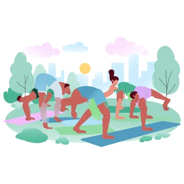 A group of early risers is gathered in a city park, engaged in the "thread-the-needle" stretch. They are positioned on colorful yoga mats arranged on the grass. Each individual is in a different athletic outfit, showcasing a variety of colors and styles. The sun is rising in the background, casting a warm glow over the scene. Trees and shrubs are visible around the park, adding greenery to the environment. Some people are focused on their stretching, while others are in mid-motion, demonstrating the flexibility of the pose. Soft pastel colors fill the sky, enhancing the morning atmosphere.