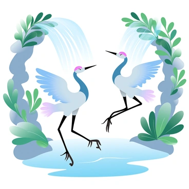 Two elegant cranes are gracefully dancing near the base of a cascading waterfall. The water flows down in glistening sheets, creating a mist that catches the light. Lush, green foliage surrounds the scene, with various tropical plants and leaves framing the cranes. The cranes have elongated necks and delicate wings, displaying their feathers in a stunning array of colors. The atmosphere is vibrant and alive with the sound of water and the rustle of leaves. The waterfall tumbles into a serene pool, reflecting the natural beauty of the landscape.