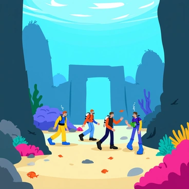 A team of four divers, each wearing vibrant wetsuits, explore an ancient underwater city. The divers are surrounded by intricately carved stone structures that rise from the ocean floor, partially covered in colorful coral. Brightly colored fish swim around them, darting in and out of the crevices of the ruins. Sunlight filters down from the surface, casting shimmering patterns on the sand below. In the background, large coral formations create a stunning contrast against the weathered stone, while the silhouette of an ancient archway looms in the distance, hinting at the secrets of the lost city.
