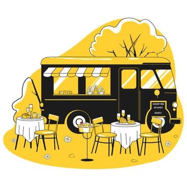 A black truck with elegant touches and detailing is parked on a grassy area, surrounded by small tables set for brunch. The tables are adorned with white tablecloths and fresh flowers. On the tables, there are glasses filled with sparkling champagne and a variety of breakfast items, including pastries, fruit platters, and gourmet sandwiches. The truck’s serving window is open, displaying more breakfast delicacies. A chalkboard menu is positioned next to the truck, listing the available items. Sunlight filters through nearby trees, creating a welcoming atmosphere for guests.