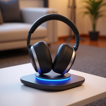 Wireless headphones sitting on an induction charging stand at home