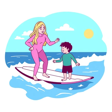 A young girl with long blonde hair, wearing a pink wetsuit, is standing on a surfboard in shallow waves. She is smiling and demonstrating the proper stance to a beginner, who is a boy with short brown hair, wearing a teal rash guard. The boy is focused, trying to match her stance while balancing on the board. In the background, there are gentle waves lapping at the shore, and the sun is shining brightly in a clear blue sky. The scene captures the excitement and joy of learning to surf.
