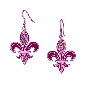 A pair of earrings shaped like "fleur-de-lis" are displayed elegantly. Each earring features intricate detailing, showcasing a design that resembles an ornate "fleur-de-lis". The earrings are adorned with "sparkling gemstones" that catch the light, reflecting various shades. The gemstones are set within the contours of the "fleur-de-lis" design, enhancing the overall elegance of the piece. Each earring hangs delicately, with a polished finish that adds a touch of sophistication.
