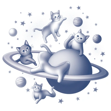 Several cats are depicted drifting through a cosmic scene filled with stars and planets. Each cat has a unique appearance, showcasing various breeds such as a fluffy Persian, a sleek Siamese, and a playful tabby. They are surrounded by a backdrop of swirling galaxies and bright celestial bodies. Some of the cats are playfully reaching out towards the stars, while others are lounging on the soft curves of the planets. The overall composition captures the charm of the cats as they explore the vastness of space.