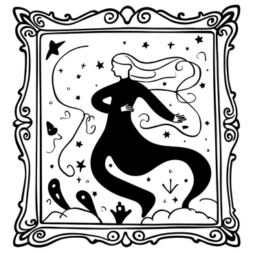 A large, ornate frame containing "Bellatrix Lestrange" depicted in a dramatic pose, with her long, flowing hair appearing to swirl as if caught in an unseen wind. The background features swirling patterns and shadows that shift and flicker, suggesting a magical environment. Various mystical symbols and abstract shapes seem to dance around her, enhancing the sense of movement. The overall composition captures the essence of her character, with a sense of depth and dynamism within the painting.