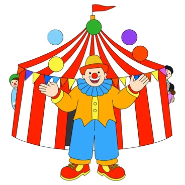 A cheerful clown with a bright red nose and a big smile is wearing a multicolored outfit with oversized shoes. The clown is in the center of a vibrant circus tent, which has red and white striped fabric. He is skillfully juggling five colorful balls, each one a different shade of blue, yellow, green, red, and purple. The background features colorful banners and a few excited spectators peeking in from the edges of the tent. The scene is lively and fun, capturing the essence of a circus performance.