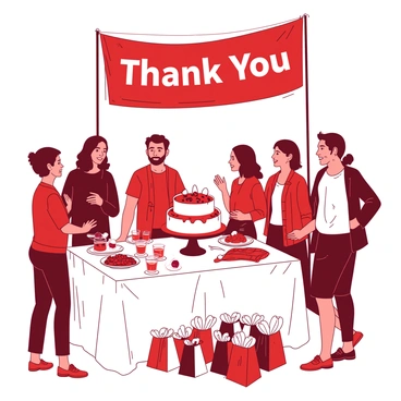 A red and white banner with the words "Thank You" hangs above a table set for a gathering. The table is covered in a white tablecloth and adorned with an array of refreshments, including a large white cake decorated with red frosting, fresh fruit platters, and glasses of orange juice. Around the table, there are neatly arranged gift bags in red and white, each filled with small surprises for the attendees. A group of diverse clients stands around the table, chatting and smiling as they enjoy the refreshments and receive their gifts, creating a warm and inviting atmosphere.