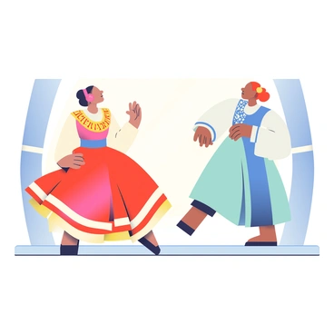 A group of dancers is performing a classical dance on a brightly lit stage. Each dancer is wearing a traditional costume, featuring intricate patterns and vibrant colors. The first dancer on the left has a flowing, red and gold outfit with embellishments that catch the light. The second dancer, moving gracefully, wears a blue and white ensemble, adorned with delicate embroidery. Their feet are positioned perfectly in a dance pose, and their arms are elegantly raised. The background is adorned with soft curtains, enhancing the focus on the dancers as they express the beauty of their art.