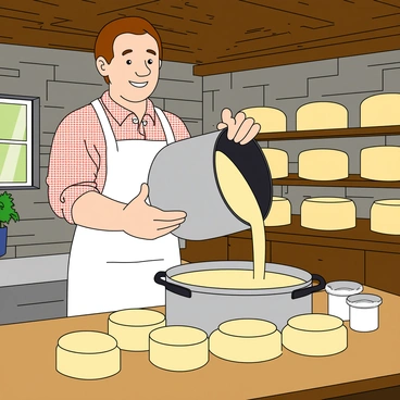 A cheese maker with light skin and short brown hair, wearing a white apron over a checkered shirt, stands in a rustic wooden workshop. The workshop has stone walls and wooden beams, with shelves lined with various cheese wheels. The cheese maker is pouring creamy curds from a large stainless steel pot into several round molds placed on a wooden table. He has a big smile on his face, showcasing his enjoyment of the process. Nearby, there are containers of salt and herbs, adding to the cheese-making ambiance. Sunlight streams in through a small window, illuminating the scene.