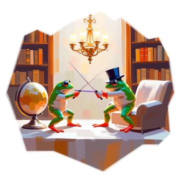 Two gentleman frogs, one wearing a small top hat and the other donning a monocle, are engaged in a friendly fencing match. They are positioned in an elegant Victorian library, surrounded by tall wooden bookshelves filled with leather-bound books. The frogs are wielding tiny foils, poised in a playful duel. The library is adorned with rich, dark wood paneling and intricate wallpaper, while a large, ornate chandelier hangs above, casting a warm glow over the scene. Nearby, an antique globe and a plush armchair add to the scholarly atmosphere.