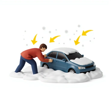 A person with short brown hair, wearing a red winter jacket and blue jeans, is pushing a car that is partially buried in snow. The car is a small blue sedan with snow accumulating on its roof and hood. The person is bending forward, leaning into the push, with one foot firmly planted in the snow for stability. Several force arrows are illustrated, colored in bright yellow, indicating the direction of the push towards the front of the car. Snowflakes are falling gently around the scene, creating a chilly atmosphere.