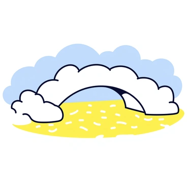 A delicate bridge made of soft, white clouds that smoothly arches over a shimmering golden sea. The bridge has a light and airy appearance, with fluffy edges blending into the sky. The golden sea below reflects the light, creating a sparkling effect as gentle waves ripple across the surface. The sky is a light blue, providing a serene backdrop for this ethereal scene.
