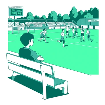 A teal student is sitting on a white wooden bench in a sports field, watching a championship game unfold. The student has short hair and is wearing a green jersey. Their expression reveals envy as they sit with their arms crossed, glancing toward the field. In the background, a group of teammates in bright uniforms is engaged in an intense match, running and cheering. There is a scoreboard visible in the distance, showing the game's progress. The atmosphere is lively with spectators cheering around the field.