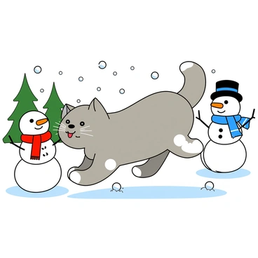 A fluffy, fat cat with gray fur and white patches is bounding through a snowy landscape. Its large, round eyes are bright with excitement as it swats playfully at the flakes falling around it. Surrounding the cat are a group of cheerful snowmen, each with a carrot nose and coal eyes. One snowman is wearing a red scarf and a top hat, while another has a blue scarf and button eyes. Snowflakes are gently landing on their rounded bodies. The background features a few evergreen trees dusted with snow, adding to the wintery scene.