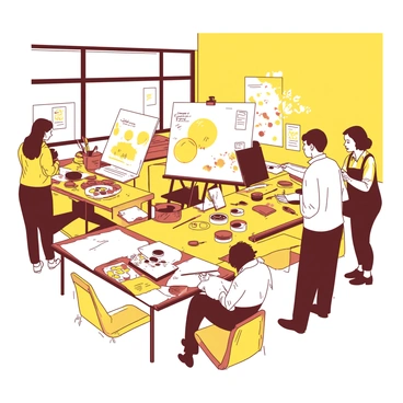 A yellow classroom filled with various art supplies scattered across tables. There are several participants, each focused on their work, engaging with different materials. One person is demonstrating painting techniques on a white canvas, while another is mixing colors on a palette. A third participant is sketching in a notebook, surrounded by brushes and tubes of paint. Bright daylight is streaming through the windows, illuminating the scene and highlighting the creativity unfolding in the workshop.