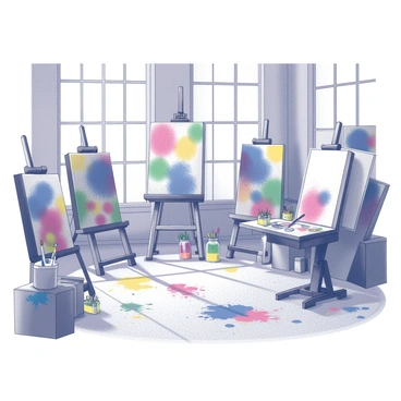 An artist's studio with various canvases positioned on easels and propped against the walls. The floor is scattered with vibrant paint splatters, creating a chaotic yet creative atmosphere. There are brushes in jars, with some brushes leaning against the edges of the canvases. The space is filled with art supplies, including tubes of paint, palettes, and sketchbooks. Large windows let in natural light, illuminating the studio and accentuating the textures of the canvases.