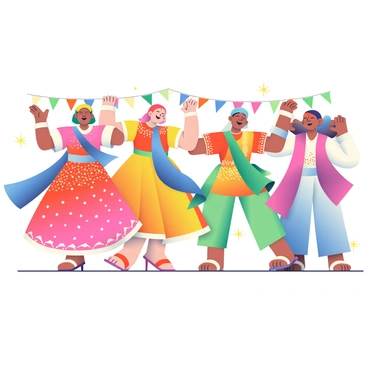 A group of five performers with diverse skin tones is engaging in a synchronized Bollywood dance routine. Each dancer is wearing vibrant costumes featuring intricate patterns and sequins. The female dancers are adorned in colorful lehengas with long dupattas flowing gracefully, while the male dancers sport traditional kurtas paired with churidars. The dancers are positioned in a dynamic formation, their arms elegantly raised and legs poised in mid-motion. In the background, there are decorative elements such as colorful banners and twinkling lights that enhance the festive atmosphere. The expressions on their faces convey joy and enthusiasm as they perform.