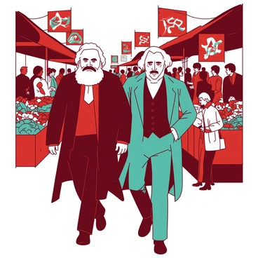 A red Karl Marx and a teal Friedrich Engels are walking side by side through a bustling marketplace. Marx is wearing a long black coat and has a neatly groomed beard, while Engels is dressed in a dark suit with a waistcoat and is adjusting his glasses. The marketplace is filled with colorful stalls, and vendors are displaying various fruits, vegetables, and goods. People of different ages and backgrounds are engaging in conversation and browsing the stalls. In the background, there are banners and signs with various colorful designs, adding to the lively atmosphere of the scene.