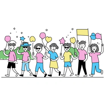 A group of children marching in a line, each holding colorful flags that wave in the breeze. Some children are holding balloons of various shapes and sizes, including stars and hearts, in bright colors like red, blue, and yellow. The children are dressed in casual, vibrant clothing, with some wearing hats and others wearing sunglasses. They are smiling and laughing as they march, creating a lively atmosphere in the scene. The background is a simple representation of a park with green grass and a few trees.