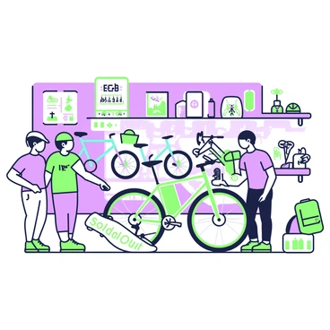 A bicycle shop interior with a wall displaying various bicycles. The wall features several colorful bikes arranged in a neat and organized manner. Prominently displayed among them is a trending model, which has a large "Sold Out" label affixed to its frame. The shop has wooden shelves lined with cycling accessories such as helmets, water bottles, and bike lights. There are also a few framed posters on the walls, showcasing different biking trails and events. A customer is seen in the foreground, examining a bike while a shopkeeper stands nearby, ready to assist.