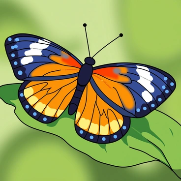 A close-up view of a butterfly resting on a vibrant green leaf. The butterfly has large wings that display intricate patterns with a mix of bright colors, including shades of blue, orange, and yellow. Each wing is adorned with unique markings that resemble small eyespots. The butterfly's thin, delicate antennae curve gracefully above its head, and its body is slender and covered in fine hairs. The backdrop features soft blurred greenery, enhancing the butterfly's vivid colors.