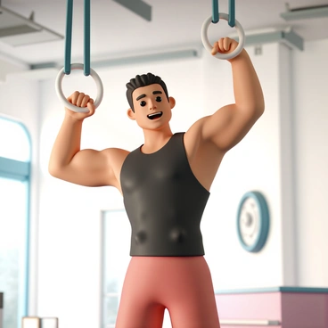 A muscular athlete with a defined physique, showcasing strength on gymnastic rings. The athlete is suspended in mid-air, with arms fully extended and muscles flexed in a powerful pose. He is wearing a fitted black tank top and red shorts. The background features a gym setting with a soft focus on gym equipment, allowing the athlete to be the central focus of the image. Sunlight filters through a nearby window, casting gentle shadows that highlight the athlete's form and strength.