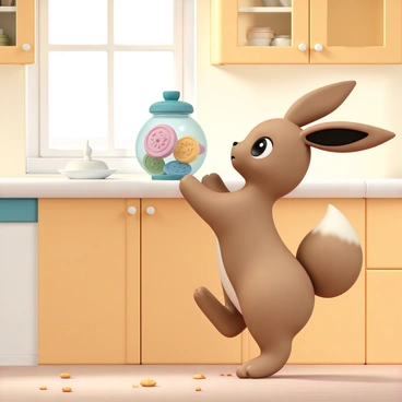 An Eevee, with its soft brown fur and large, expressive eyes, is standing on its hind legs, reaching up toward a cookie jar placed on a wooden countertop. The cookie jar is round and made of clear glass, filled with various colorful cookies visible through the glass. The kitchen surrounding the Eevee features warm wooden cabinets, a cozy atmosphere, and gentle sunlight streaming through a window, casting soft shadows on the counter. A few scattered cookie crumbs are on the countertop, and the Eevee has an eager expression, its ears perked up in anticipation.