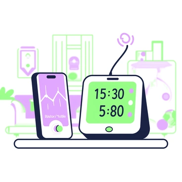 A smart blood pressure monitor is positioned on a table, with its screen clearly displaying numerical results. Next to it, a smartphone is connected via Bluetooth, showing a detailed graph of the blood pressure readings. The monitor has a sleek, modern design with clear indicators for systolic and diastolic pressure. The smartphone screen features colorful icons alongside the graph, which demonstrates trends over time. A small light indicating connectivity is visible on the monitor. In the background, there is a soft-focus of a cozy living room setting.