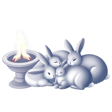 A family of rabbits is nestled together in a cozy arrangement. They are all snoozing peacefully, with their soft fur blending into one another. The rabbits are various sizes, with one larger rabbit lying protectively over the smaller ones. Nearby, a hearth is present, with gentle flames flickering. The hearth is made of stone, and the warm glow of the fire casts soft shadows across the rabbits' bodies. The scene conveys a sense of warmth and security as the rabbits sleep undisturbed.