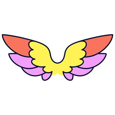 A pair of wings with a sleek design. The wings are adorned with a gradient that transitions smoothly from deep orange at the tips to soft pinks and light yellows towards the base. The feathers are clearly defined, showcasing a blend of warm colors that evoke a sunset. The wings are spread wide, creating a sense of movement and elegance.