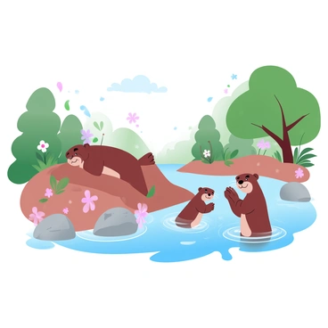 A family of otters is playing together by a riverbank surrounded by lush green trees. The otters are engaging in playful activities, some sliding down a small muddy slope into the water while others are splashing around in the river. Vivid wildflowers grow along the bank, adding vibrant colors to the scene. A few rocks are partially submerged in the water, creating ripples as the otters swim nearby. The overall atmosphere is lively, depicting the joy of the otters in their natural habitat.