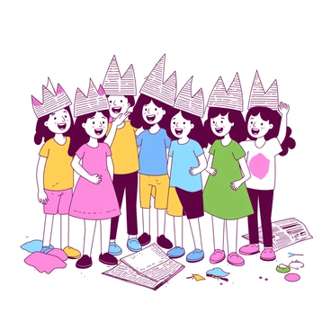 A group of children is standing together, each wearing unique paper crowns made from newspapers. The crowns have various textures and patterns from the printed pages, with some children having colorful decorations added. The children are smiling and laughing, showcasing their creativity. In the background, there are several scattered newspapers and craft materials, emphasizing a playful atmosphere. Each child has a distinct outfit, ranging from casual t-shirts to colorful dresses. The scene captures a moment of joy and imagination as they pose proudly with their handmade crowns.