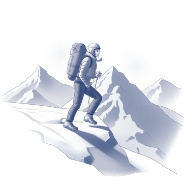 An ambitious climber is ascending a tall, snowy mountain peak. The climber is dressed in a heavy winter jacket, equipped with crampons on their boots and an ice axe in hand. Snowflakes are visible in the air, highlighting the blustery conditions. The mountain has steep, icy slopes and jagged rock formations. In the background, other distant peaks rise against the sky, adding to the sense of height and challenge. The climber's face shows determination as they navigate the treacherous terrain.