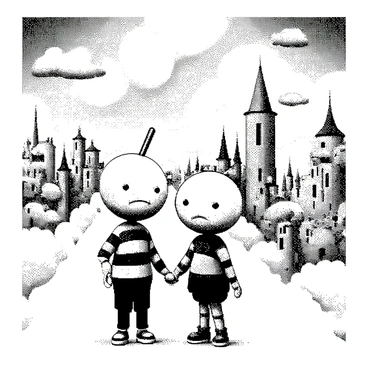 "Cuphead" and "Mugman" are depicted standing side by side on a fluffy, cloud-like pathway. "Cuphead" has a round head with a straw sticking out, and "Mugman" has a cup-shaped head with an expression of curiosity. The clouds around them form whimsical and fluffy architectural structures, resembling castles and towers with rounded edges. The sky above is filled with soft, billowy clouds that create a dreamy atmosphere. In the distance, other fantastical buildings can be seen floating among the clouds, completing the magical kingdom setting.