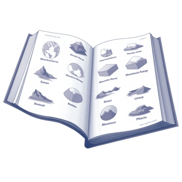 An illustrated dictionary page with key geography terms and small, related images.