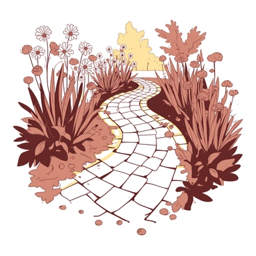 A winding path made of cobblestones leads through a garden. The path is flanked by withered flowers that have lost their vibrant colors, featuring wilted petals and drooping stems. Dry leaves, in shades of brown, cover the edges of the path, creating a rustic, natural border. The garden appears to be in an autumn setting, with scattered leaves enhancing the scene. Sunlight filters through the trees above, casting gentle shadows across the path.