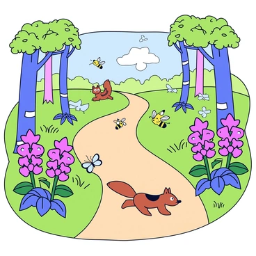 A forest trail surrounded by lush greenery and trees. Along the sides of the trail, there are clusters of vibrant bee balm plants with bright pink and purple flowers. The flowers are in full bloom, and some bees and butterflies are hovering around them. Soft sunlight filters through the tree leaves, casting gentle shadows on the ground. Small birds can be seen perched on branches nearby, and a squirrel is playfully darting between the plants.