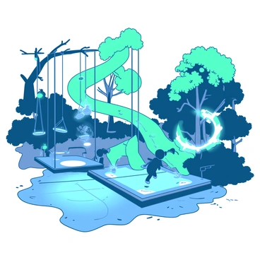 A playground of the future features floating swings and slides made of light. The swings appear to be suspended in mid-air, glowing with a soft white illumination. The slides are translucent, shimmering in a variety of colors, and curve gracefully through the air. Surrounding the playground, there are futuristic trees with branches that twist upward, emitting a gentle teal glow. The ground is covered in a sleek, reflective surface that mirrors the light from the swings and slides. Children are joyfully playing, their silhouettes visible against the bright glow of the playground.