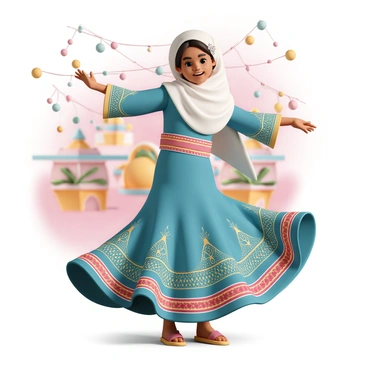 A young Muslim girl, wearing a colorful traditional costume featuring intricate patterns in shades of blue, red, and gold. She has a matching headscarf elegantly draped, adorned with delicate embellishments. The girl is gracefully performing a traditional dance, her arms extended and flowing, while her skirt sways around her. The background is filled with festively decorated elements that reflect a cultural event atmosphere, with lights and decorations enhancing the lively scene. Her expression shows joy and confidence as she connects with her heritage through dance.