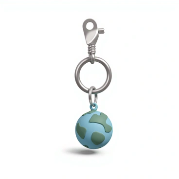 A keychain made of shiny silver metal with a circular ring and a small charm attached. The charm is designed to resemble "Earth", featuring vibrant green landmasses and blue oceans. The charm hangs from the keychain, gently swaying, with a textured surface that adds depth to the continents. The keychain also includes a small, decorative clasp that adds an elegant touch. The entire keychain is displayed against a subtle background, highlighting its details and craftsmanship.