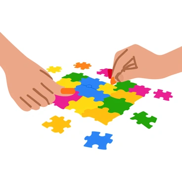 A close-up of two hands working together to assemble a colorful jigsaw puzzle. The hands are positioned around various interlocking pieces, showcasing bright colors and unique patterns on each piece. Some pieces are already fitted together, while others are scattered nearby, emphasizing the complexity of the puzzle. The background is softly blurred to highlight the hands and the vivid puzzle pieces, creating a focused view of the assembly process.