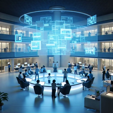A large futuristic information exchange center with sleek architecture featuring glass and metallic surfaces. The interior is filled with various holographic displays floating in mid-air, showcasing data streams and interactive interfaces. The atmosphere is illuminated by soft, ambient lighting that highlights the cutting-edge technology. There are diverse groups of people engaging with the holographic displays, some inputting data while others analyze the information. The center is also equipped with modern seating areas and interactive kiosks.