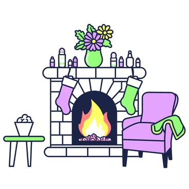 A cozy holiday scene featuring a fireplace. The fireplace is made of stone with a warm glow emanating from the flames. Above the mantel, there are vibrant gerbera daisies arranged in a vase, displaying a variety of shapes. The mantel is decorated with holiday ornaments, including small figurines and twinkling lights. On either side of the fireplace, there are stockings hanging, ready for the holiday festivities. A comfortable armchair is positioned nearby, with a soft blanket draped over one arm. A small table next to the chair holds a cup of hot cocoa topped with marshmallows.